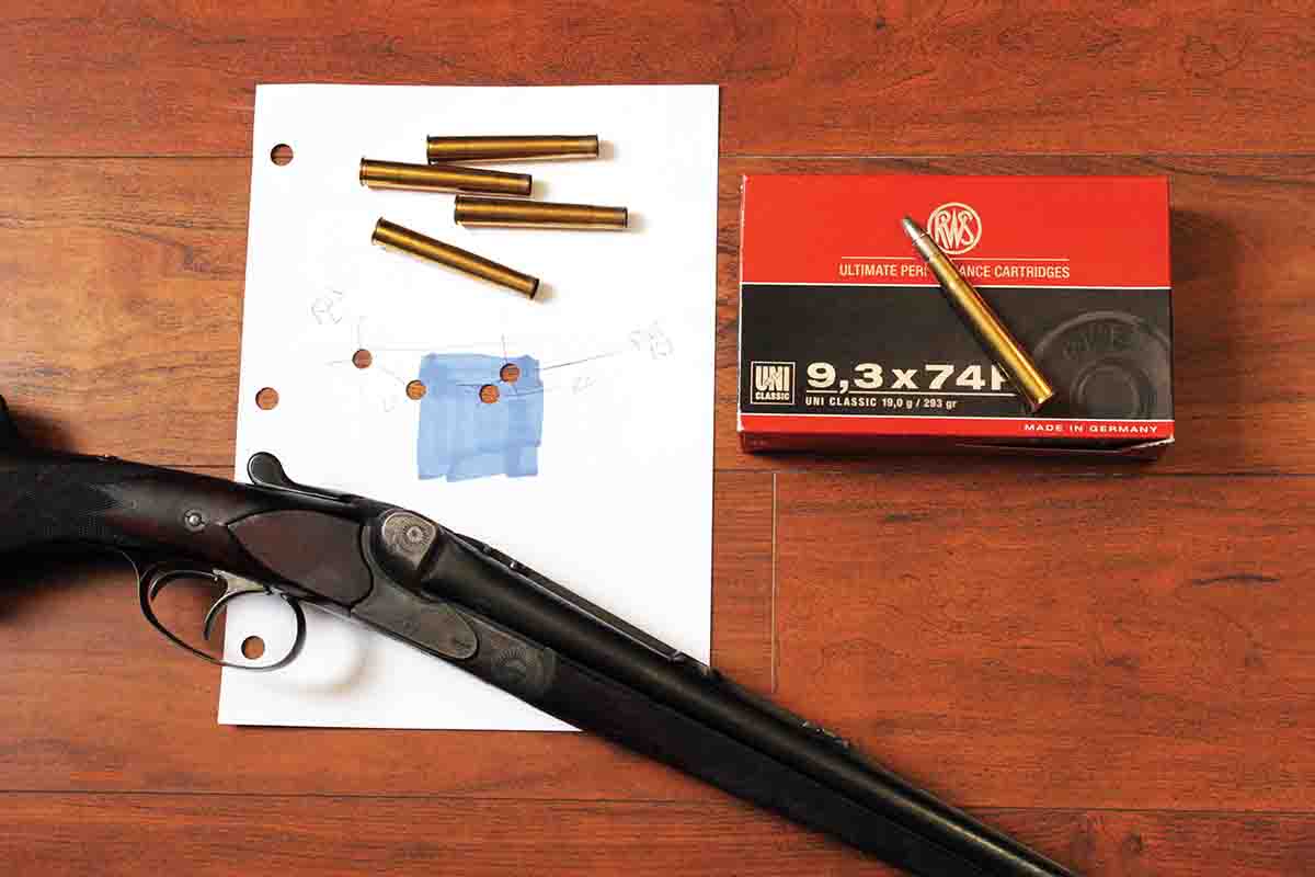 RWS factory ammunition with 293-grain UNI bullets did not quite regulate at 50 yards. The two bullet holes at right are from the right barrel, and the two holes at left are from the left barrel, but the accuracy is still good enough for Cape buffalo.